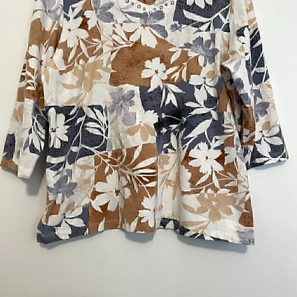 ALFRED DUNNER White Brown Tan Gray ? Floral Patchwork Studded 3/4 Sleeve Blouse - Picture 3 of 13